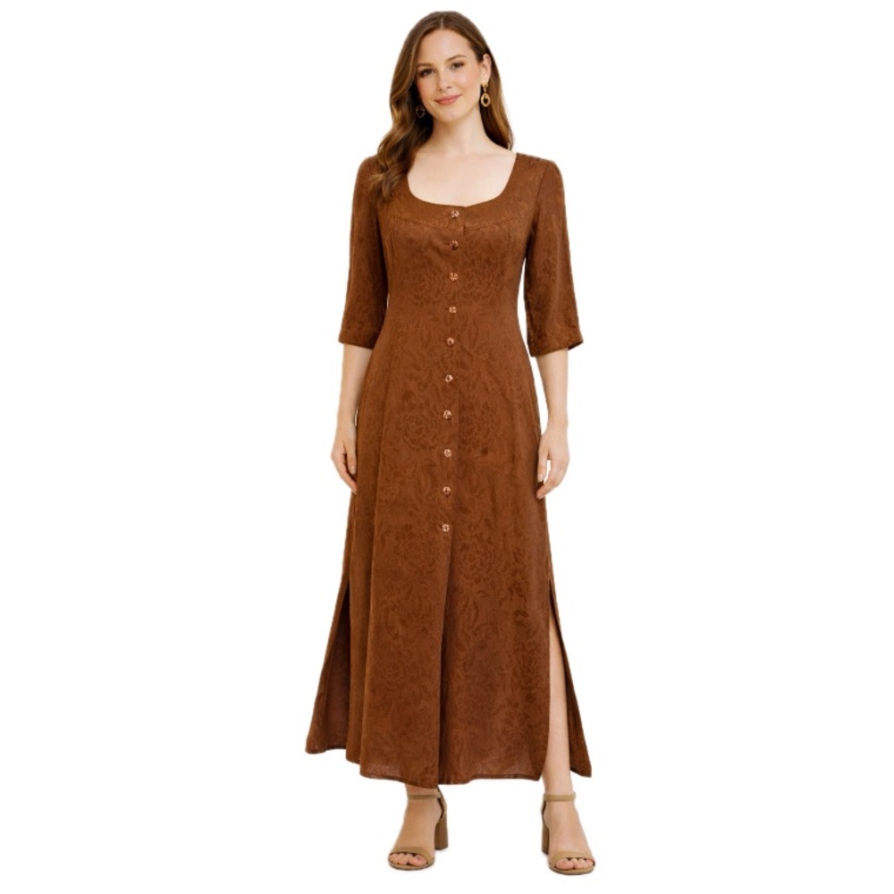 Vintage Joanna Buchanan , Brown Jacquard Maxi Dress Silk Linen Blend, Size 6